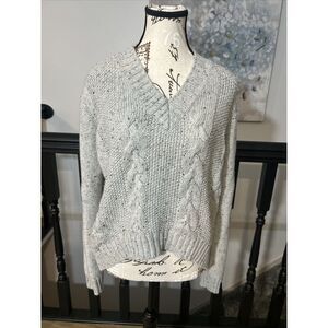 ELAN Sweater Womens Large High Low Chunky V-neck Gray ‎ Long Sleeve